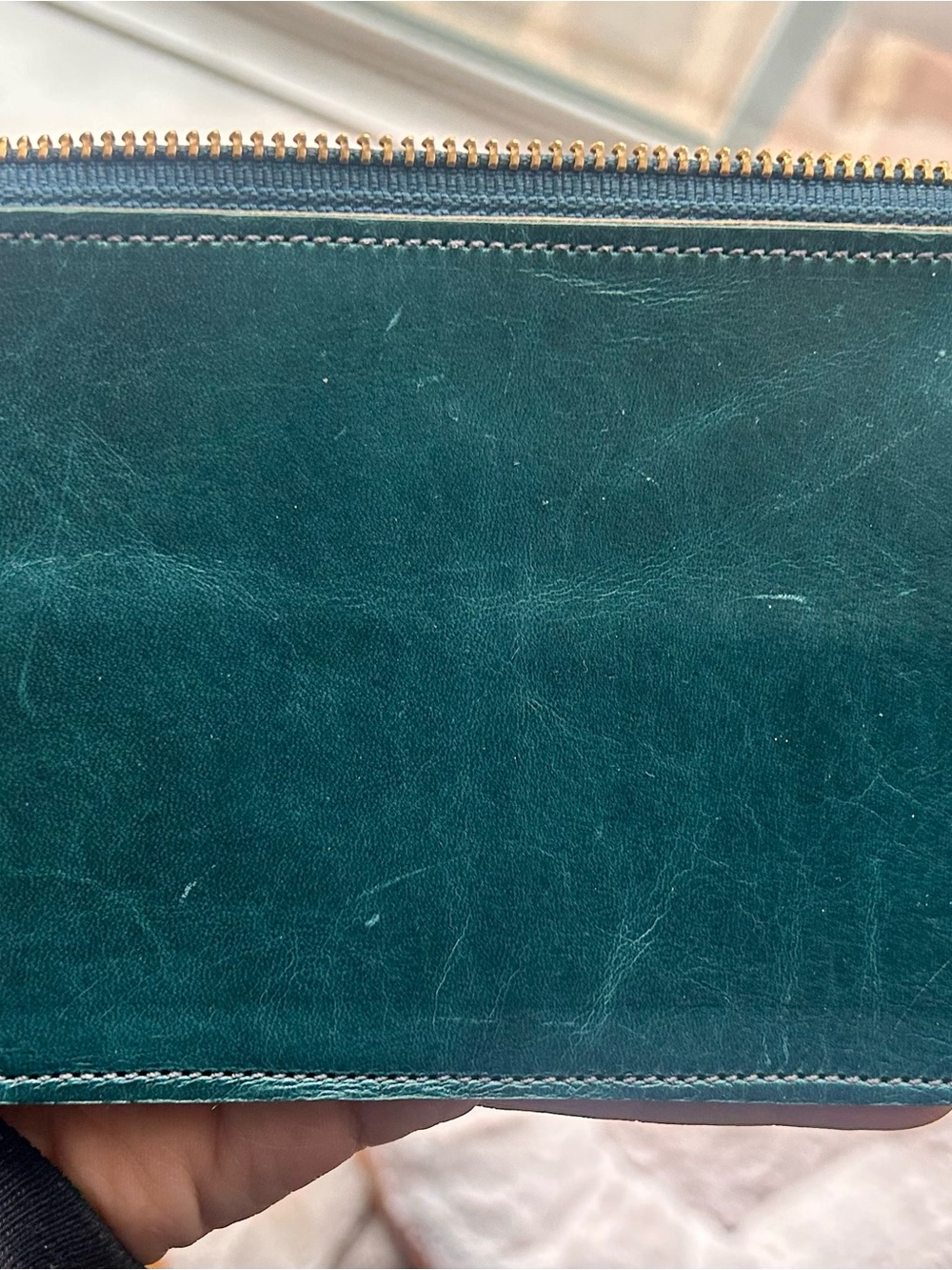 Teal Leather Wristlet Satchel with Gold Zip - Picture 3 of 5